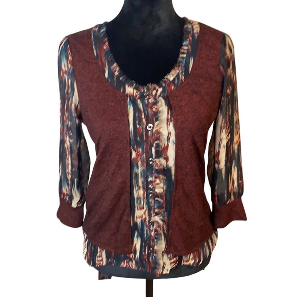 BKE Boutique 3/4 Sleeve Boho Button Up Frayed Edge Tie Front Blouse Top Size S
